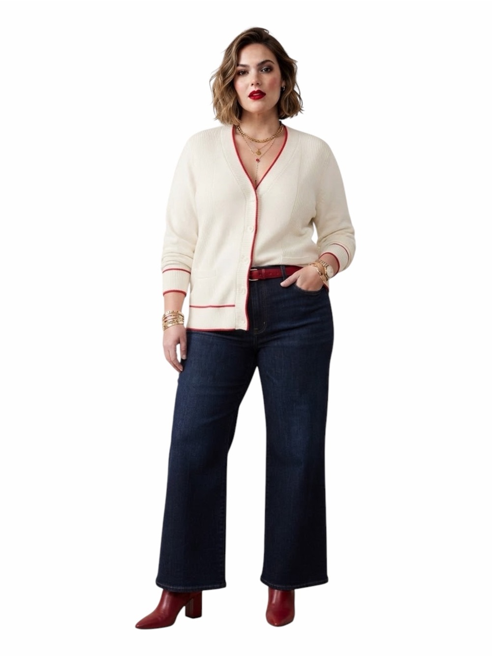 Maeve Anthropologie Ribbed Cream Cardigan Red Piping Varsity Preppy Size 2X
